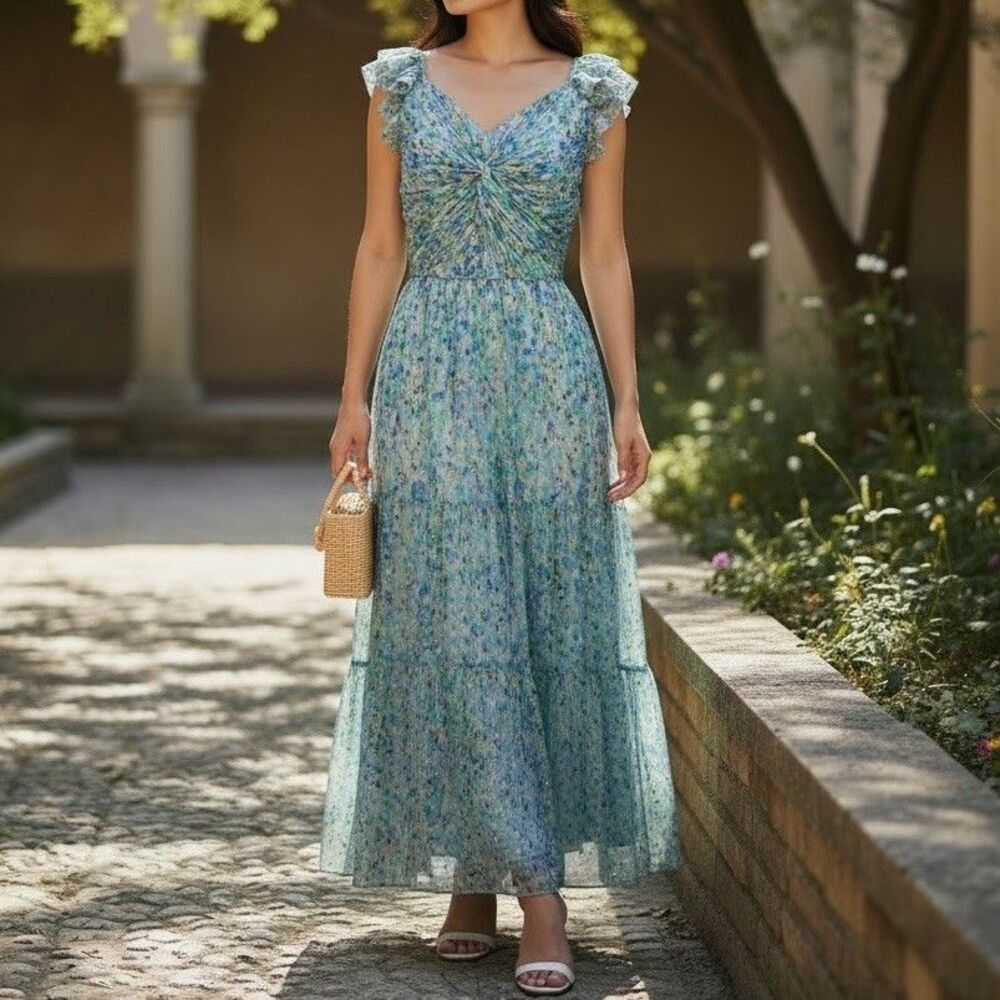 NWT Shoshanna Iris Floral Twist Midi Dress Blue Metallic Tiered Wedding Guest 8